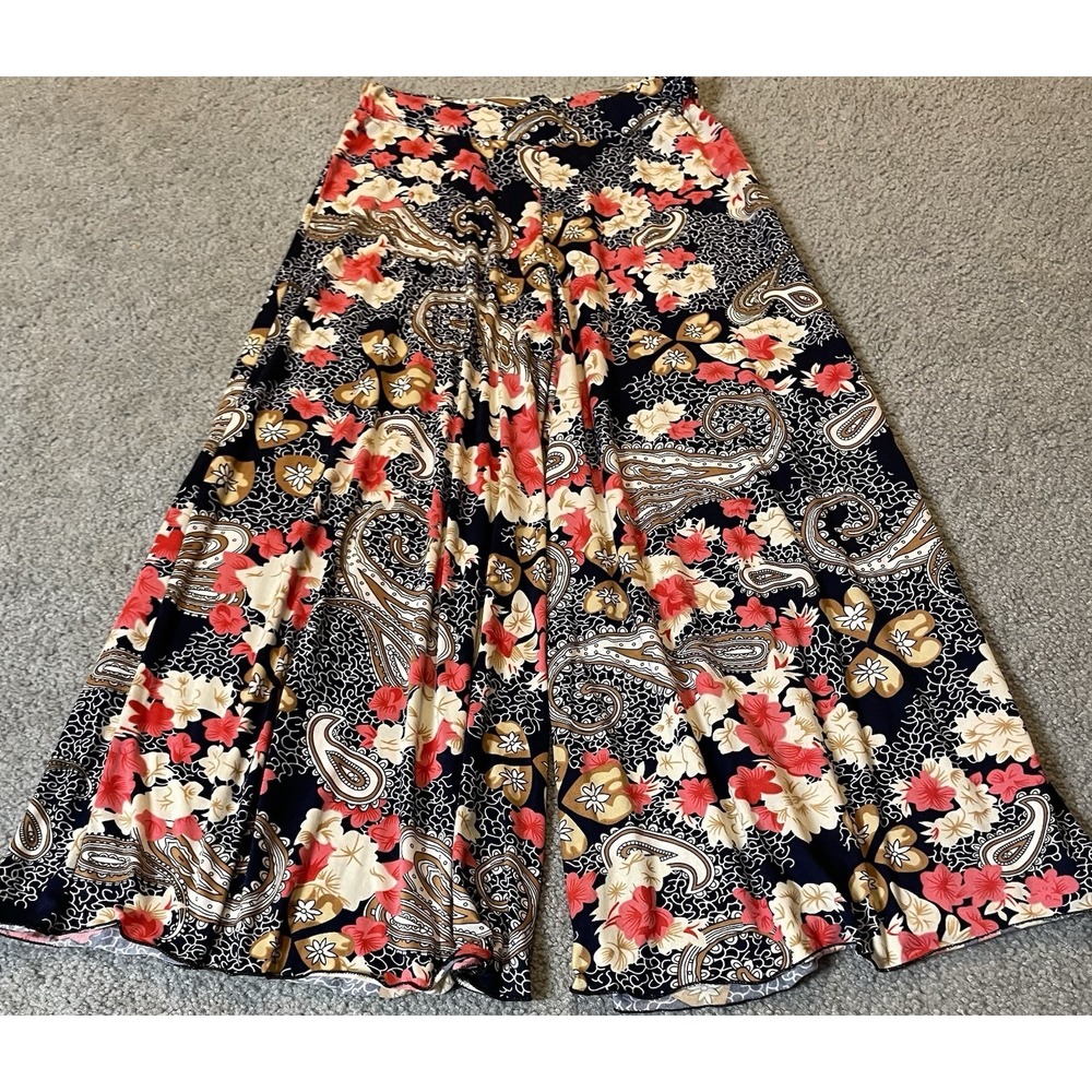 Vtg 70s Cropped Palazzo Pants Sz S Red Beige Floral Paisley Wide Leg Boho Beach